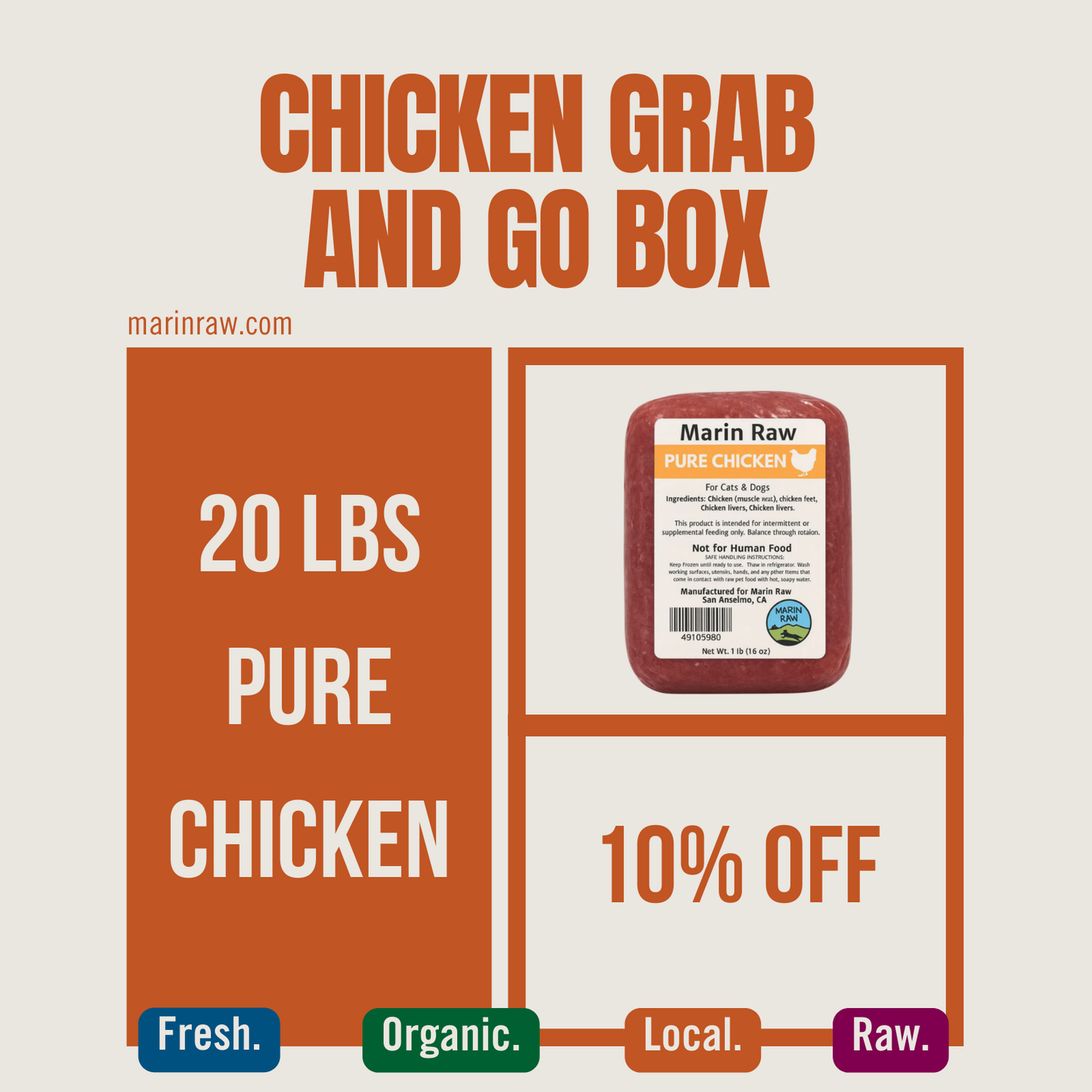Grab & Go 20 lb Organic Whole Ground Chicken Raw Dog & Cat Food