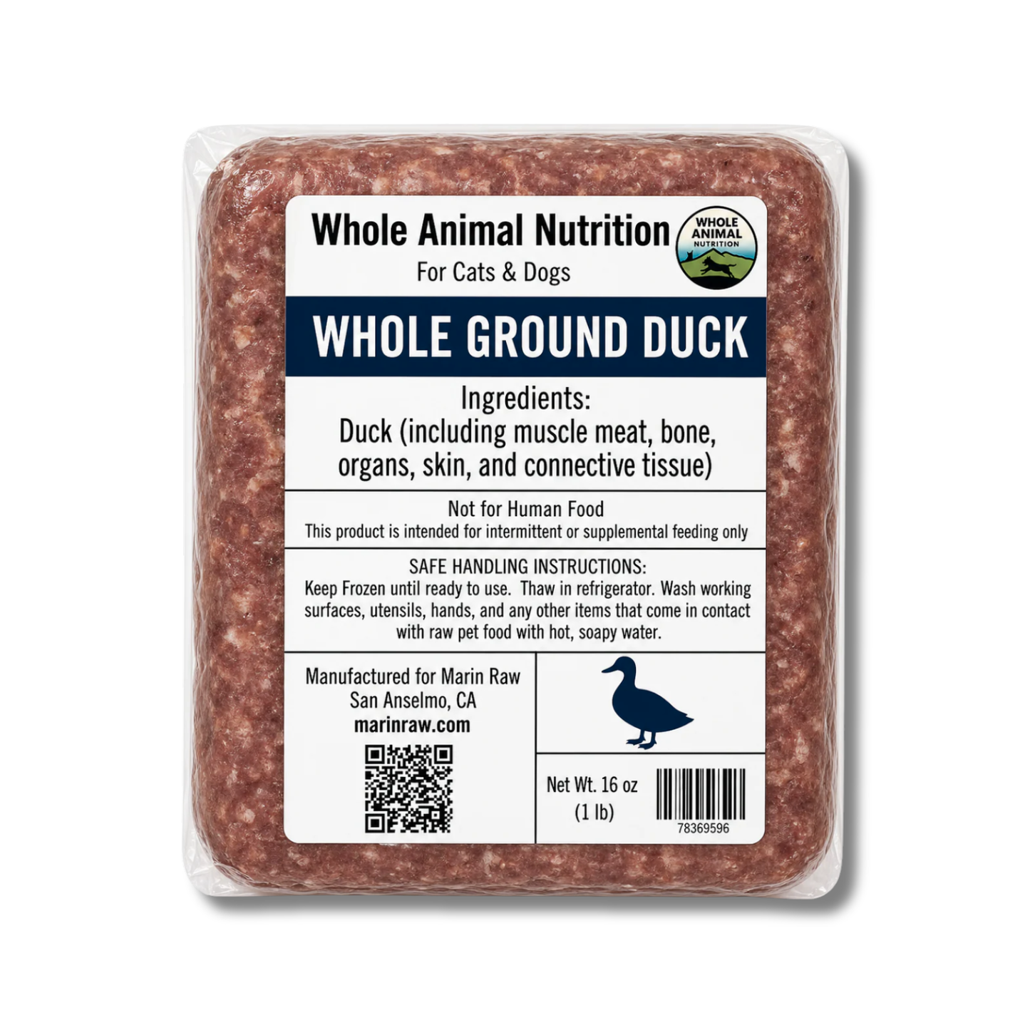 Organic Whole Ground Duck Raw Cat & Dog Food