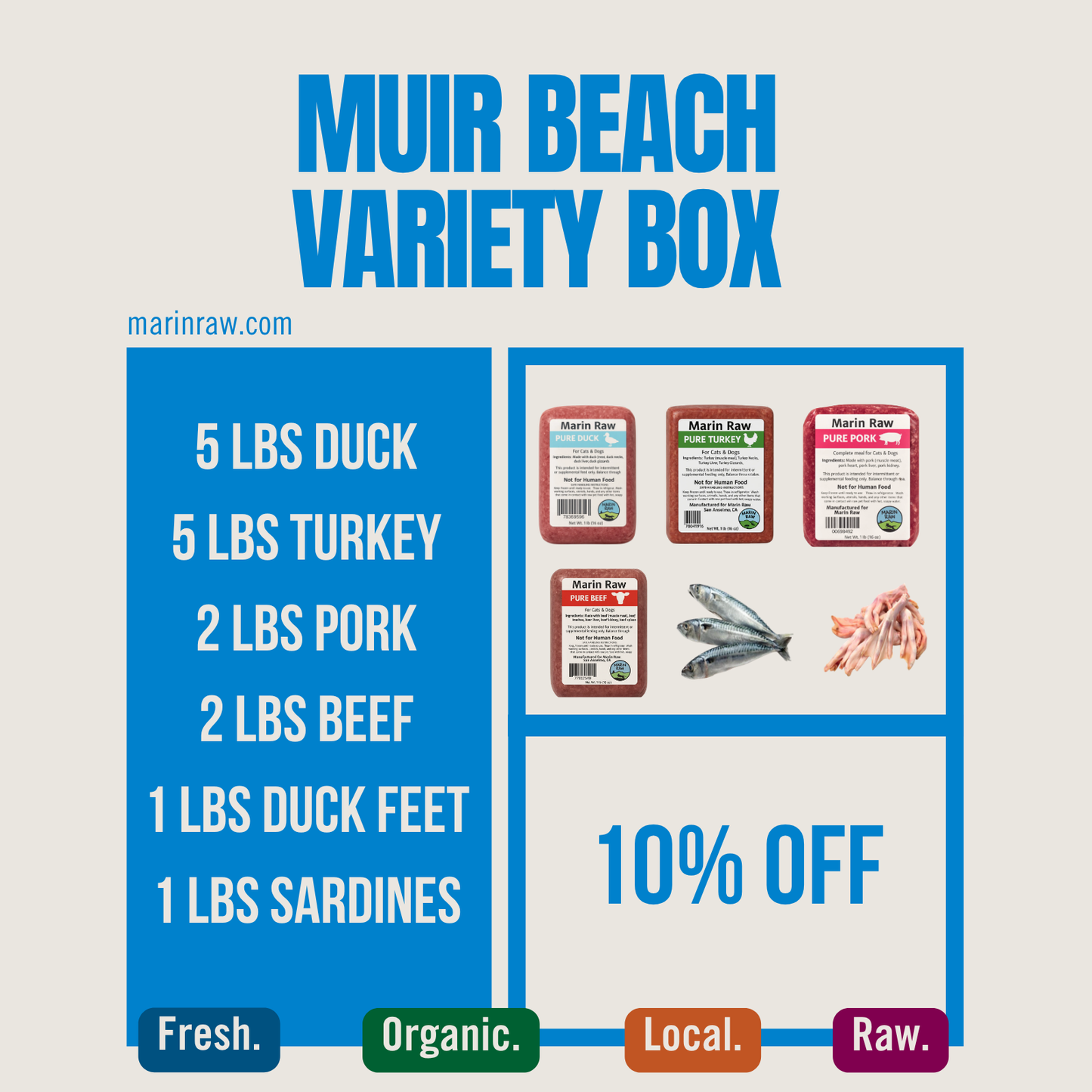Muir Beach Variety Box – 16 lb Raw Cat & Dog Food Bundle plus Duck Feet and Sardines